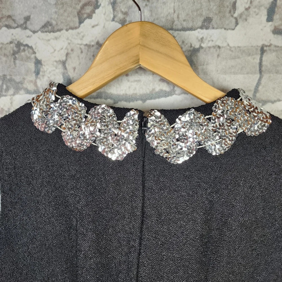 Vintage Leumann Italian Made Crepe Fit and Flare Dress Black Sequin Collar - Picture 9 of 14